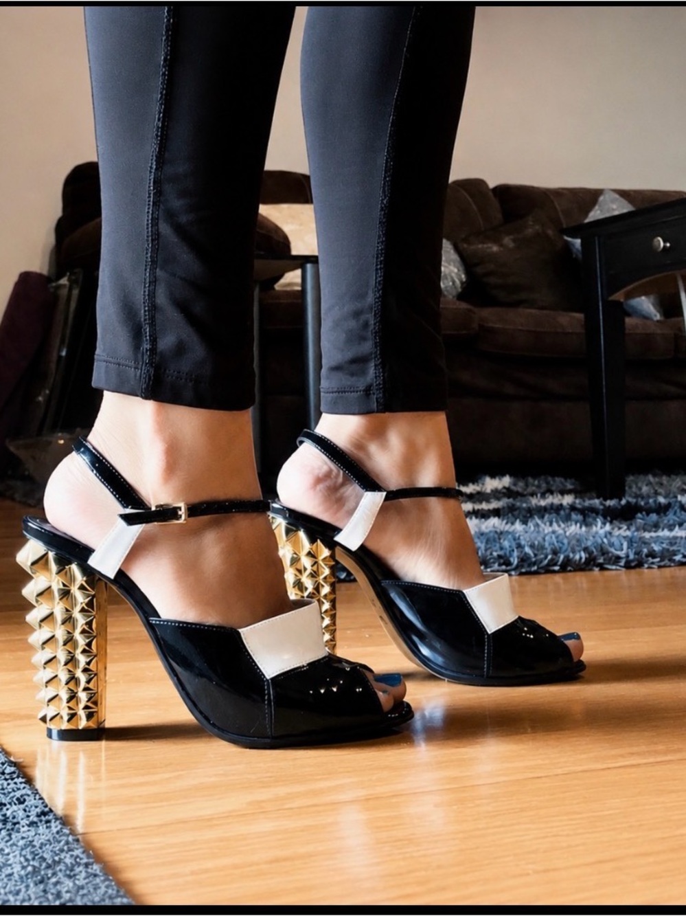 Fendi Black White Patent Peep-Toe Heels with Gold Stud Block Heel 37.5